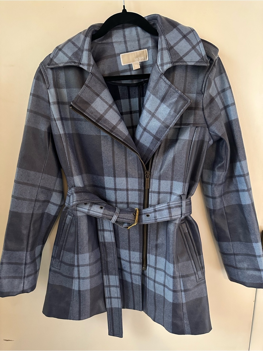 MICHAEL Michael Kors Blue Plaid Belted Moto Trench Coat XS